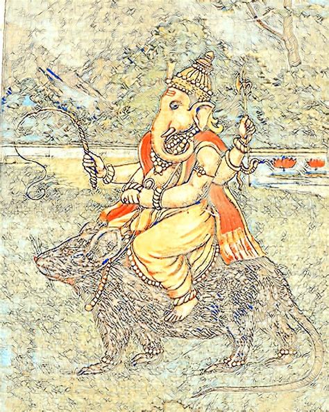 Lord Ganesha Depicted Riding His Vahana The Rat With A Whip Digital Art By Maha Blingam