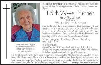 Traueranzeigen Von Edith Pircher Trauer Bz