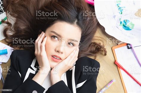 Top View Beautiful Young Asian Businesswoman Feeling Tired From Work In