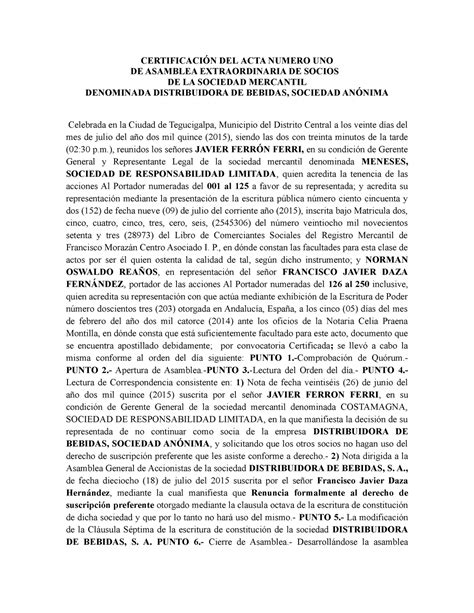 Actas DE Asambleas Nota A CERTIFICACIÓN DEL ACTA NUMERO UNO DE