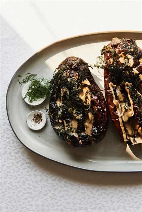 Roasted Eggplant With Garlic Fresh Herbs And Techinah