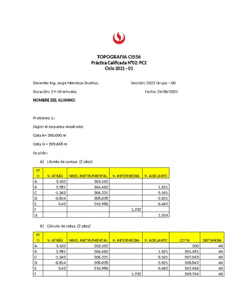 Pc Cx Topografia Ci Pr Ctica Calificada N Pc Ciclo
