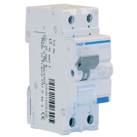 Interrupteur différentiel magnétothermique Hager 1P N 30MA 16A ADC816H