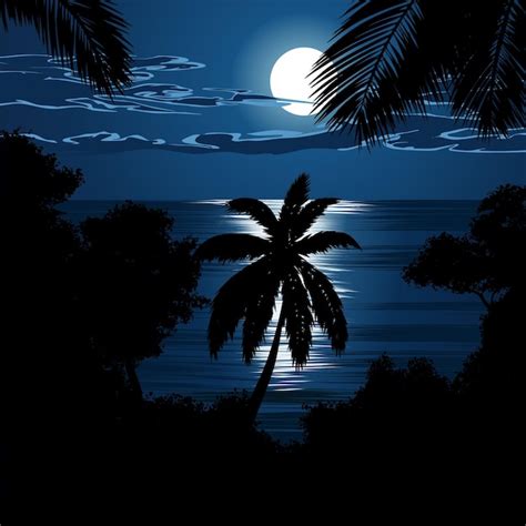 Premium Vector | Night sea landscape with full moon