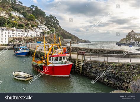 Red Blue Fishing Boats Moored Polperro Stock Photo 1260345040