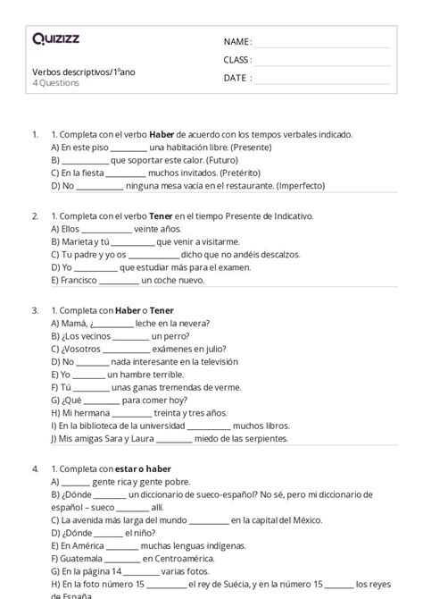 50 Verbos Descriptivos Hojas De Trabajo Para Grado 1 En Quizizz