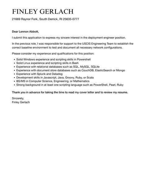 Deployment Engineer Cover Letter Velvet Jobs