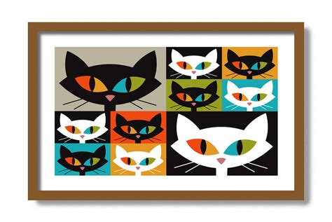 Mid Century Modern Wall Art Cat Art Decor White Cat Art Etsy Etsy