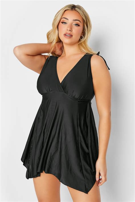 Yours Plus Size Black Drawstring Shoulder Plunge Tummy Control Swim Dress Yours Clothing