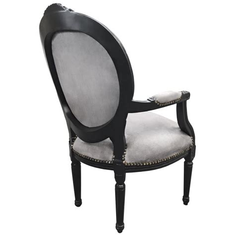 Fauteuil Baroque De Style Louis Xvi Tissu Gris Et Bois Noir Mat