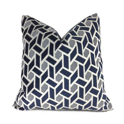 Navy Blue Light Gray Geometric Tile Velvet Pillow Cover Blue Pillow