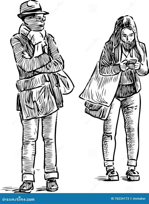 Casual People On A Bus Stop Stock Vector Illustration Of Drawn