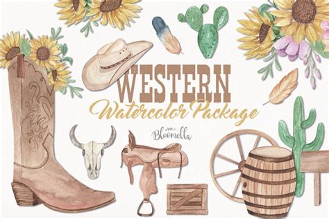 Western Watercolor Clipart Cactus Cowgirl Cowboy Boots Hat