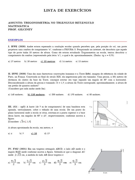Atividade Trigonometria No Triângulo Retângulo - Exercícios de Trigonometria no Triângulo Retângulo | PDF ...
