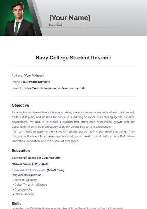 Free Navy College Student Resume Template To Edit Online