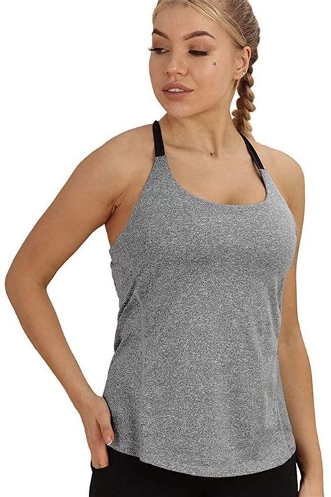 Icyzone Workout Tank Tops Built In Bra Womens Strappy Athletic Yoga Tops Running Exercise