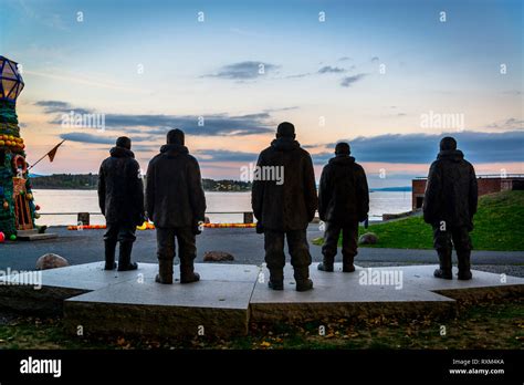 Sculptures Of Maritime Explorers Facing The Oslofjord Near Norwegian