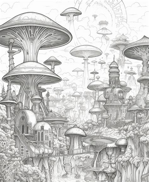 Premium Photo | A drawing of a city with a mushroom city on it.