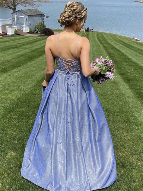 A Line V Neck Light Blue Lace Prom Dresses Blue Lace Formal Evening D