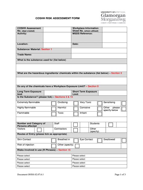 Fillable Online Coshh Risk Assessment Form Healthandsafetysouthwalesacuk Fax Email Print