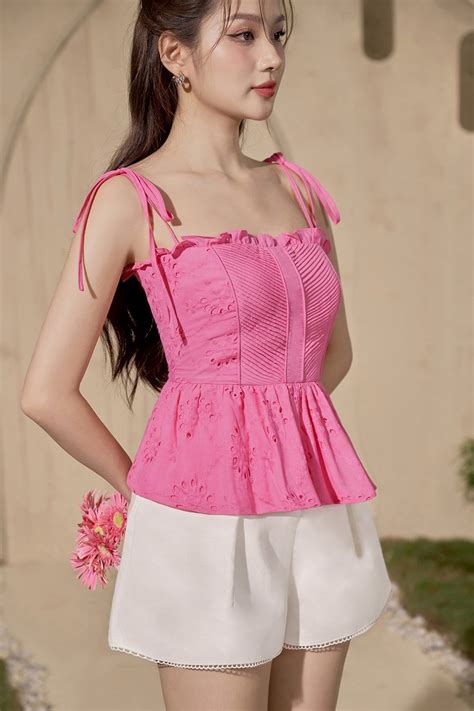 Cassia Ribbon Frill Broderie Anglaise Peplum Top In Hot Pink Chello