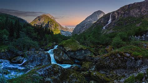 Landscape View Of Waterfalls From Rocks Greenery Mountain Water Stream