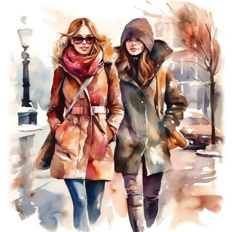 Ilustración acuarela de dos chicas caminando por la calle Foto Premium