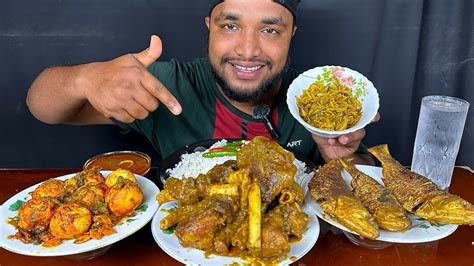 Eating Spicy Mutton Curry Fish Fry And Egg With Rice Eating Show