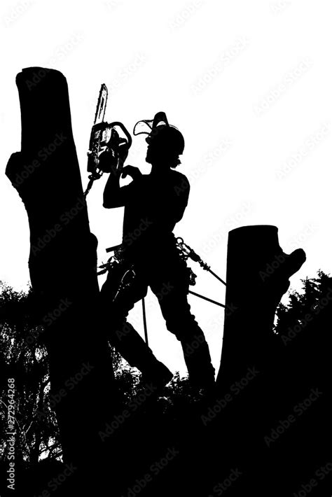 Vector Silhouette Of An Arborist At Work With A Chainsaw Up A Tree