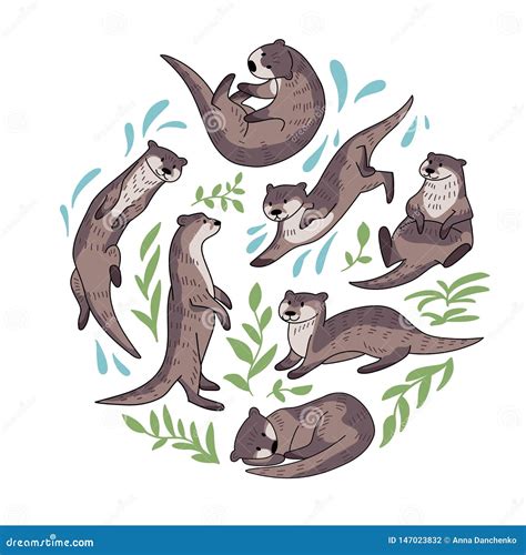 Hand Drawn Vector Set Of Otters Stock Vector Illustration Of Otter