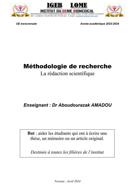 Pdf M Thodologie De Recherche La R Daction Scientifique