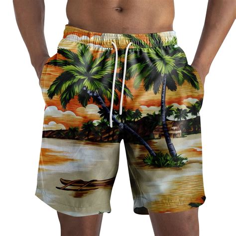 Qwertyu Summer Mens Hawaiian Beach Swim Trunks Casual Elastic Waist