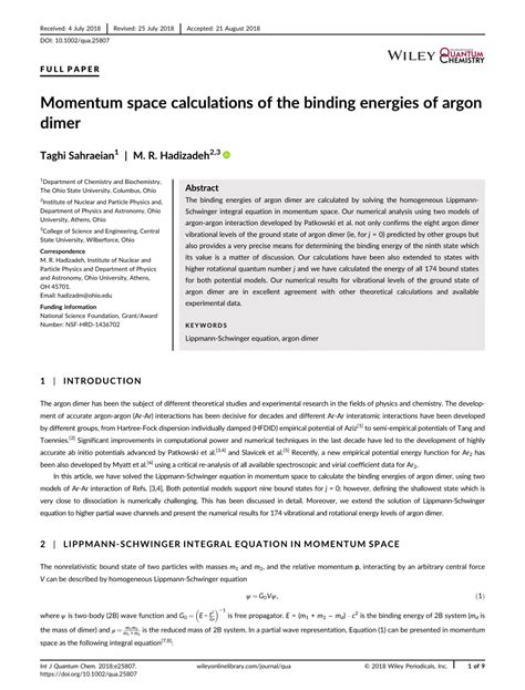 Pdf Momentum Space Calculations Of The Binding Energies Of Argon Dimer