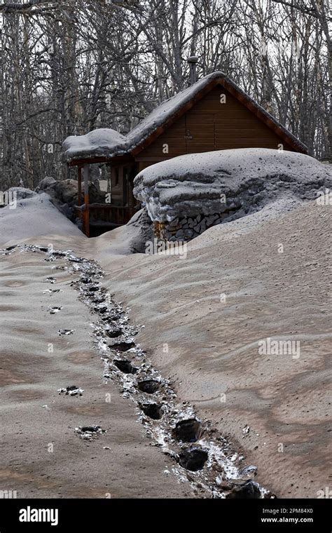 Volcanic Ash Covers The Ground And Houses After The Shiveluch Volcano