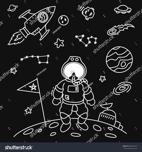 Space Theme Doodle Cosmonaut Satellite Planet Stock Vector Royalty