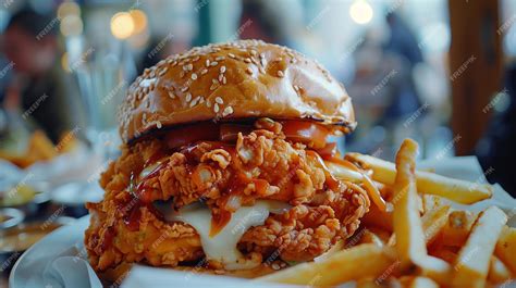 Premium Photo | Tasty and Crunchy Zinger Burger with Fries Served on a ...