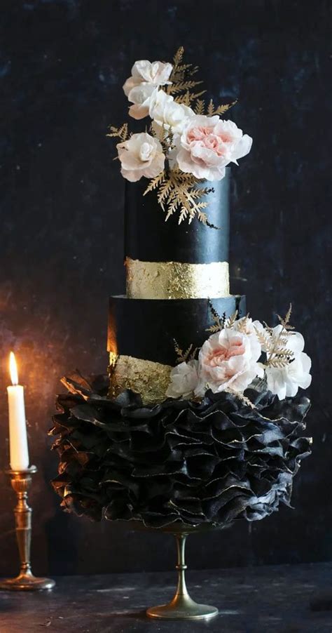 40 Stylish Dark Moody Wedding Cakes Ruffled Black Cake