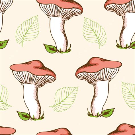 Vintage Hand Drawn Seamless Pattern With Forest Mushrooms And Falling