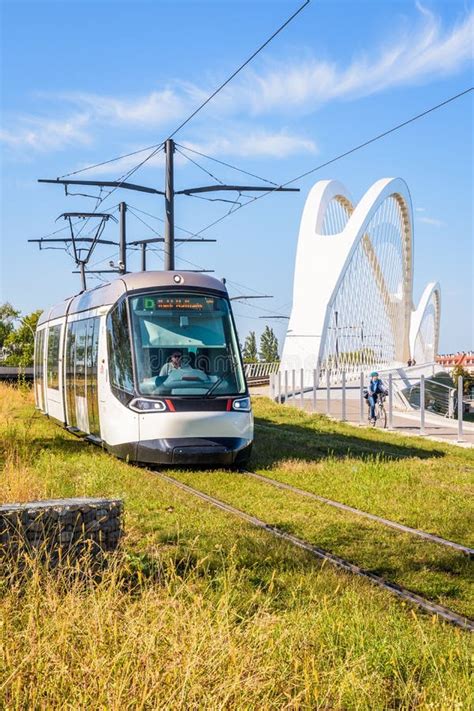 A Streetcar Has Crossed The Railway Bridge Between Strasbourg France