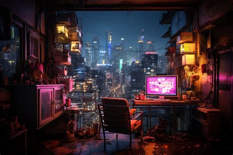 Cyberpunk Balcony With Cityscape View