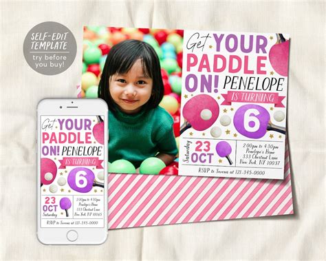 Ping Pong Birthday Invitation With Photo Editable Template Girl Table