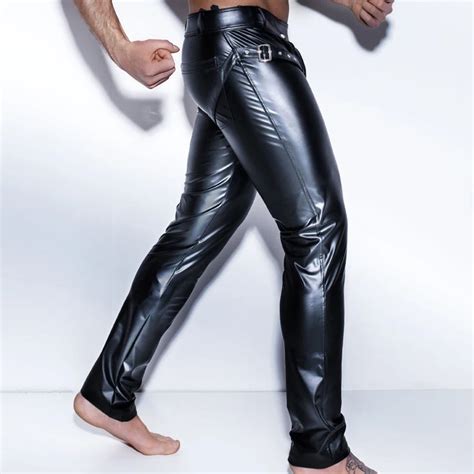 Moto Bike Trousers Mens Black Faux Leather Pants Long Trousers Sexy And