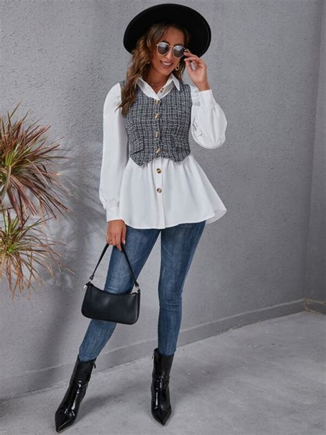 Shein Clasi Camisa En Contraste Tweed Con Patr N De Cuadros Con Dise O