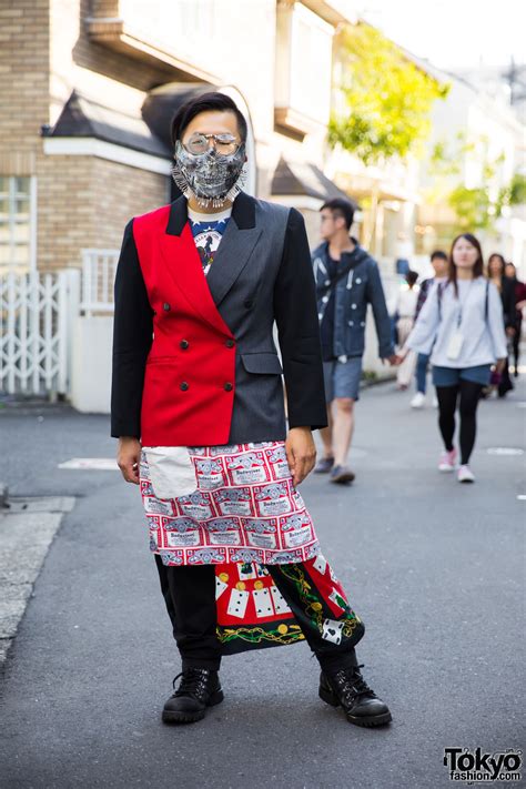 Harajuku Guy in Metal Face Mask w/ Colorblocked Coat, Scarf as Skirt ...