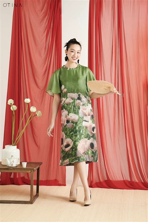 Đầm lụa tơ tằm xanh hoa nude O TINA