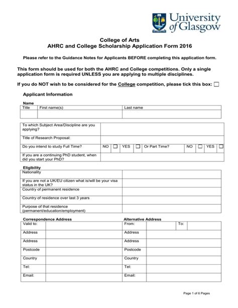 College Of Arts Ahrc And College Scholarship Application Form 2016