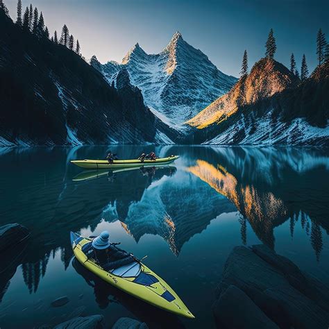 Un kayak amarillo está en el agua con las montañas al fondo Foto Premium