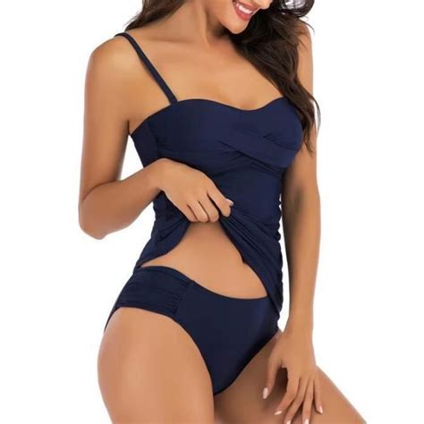 Femme Maillot de Bain 2 Pièces Bikini Bandeau avec Bretelles Amovible et Triangle Bas de