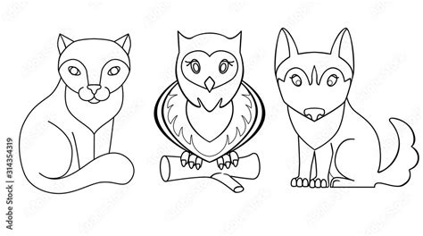 Cute Kawaii Animals Dog Cat And Owl Linear Vector Set For Coloring