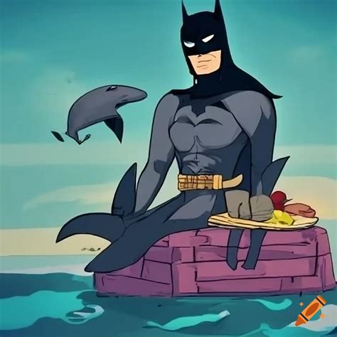 Batman At The Beach With A Dolphin Having A Picnic On Craiyon